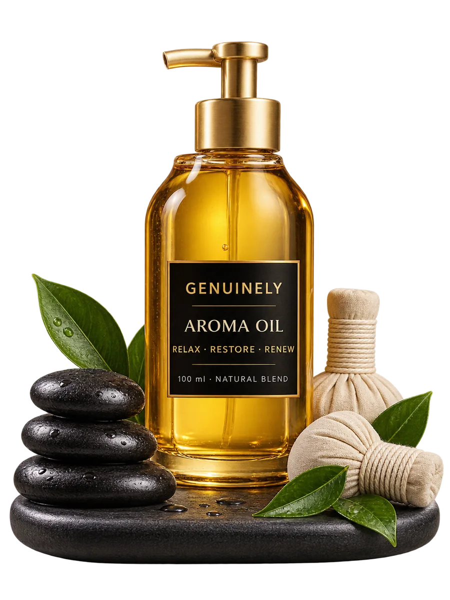 ขวดน้ำมันนวดอโรมา GENUINELY พร้อมหินร้อนและลูกประคบสมุนไพร สำหรับบริการนวดนอกสถานที่
